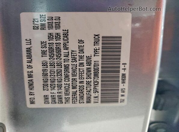 5FPYK3F73MB007011 2021 HONDA RIDGELINE Silver Vista del compartimento del motor
