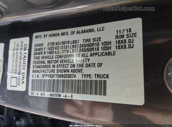 5FPYK3F75KB026074 2019 HONDA RIDGELINE Gray 