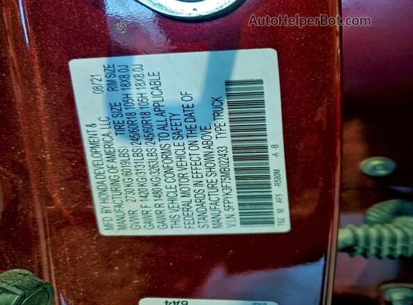 5FPYK3F75MB022433 2021 HONDA RIDGELINE Red 