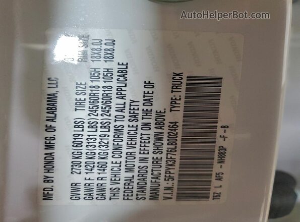 5FPYK3F76LB002464 2020 HONDA RIDGELINE White 