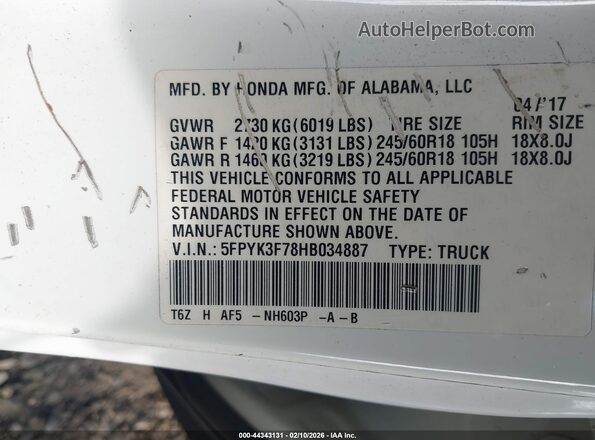 5FPYK3F78HB034887 2017 HONDA RIDGELINE White Вид підкапотного простору