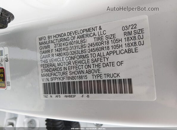 5FPYK3F78NB018815 2022 HONDA RIDGELINE Белый Вид подкапотного пространства