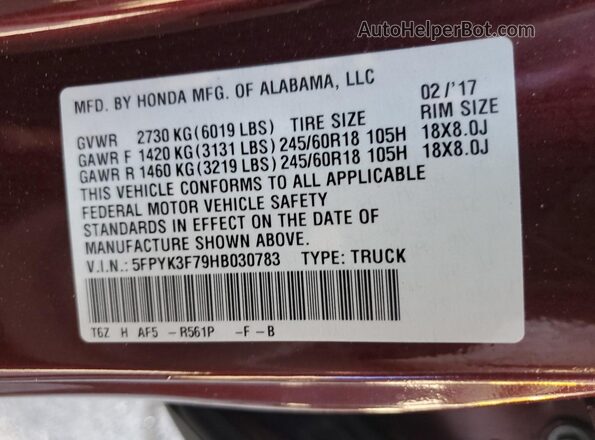 5FPYK3F79HB030783 2017 HONDA RIDGELINE Burgundy VIN sticker view