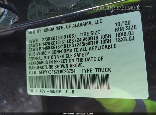 5FPYK3F82LB026754 2020 HONDA RIDGELINE Black 