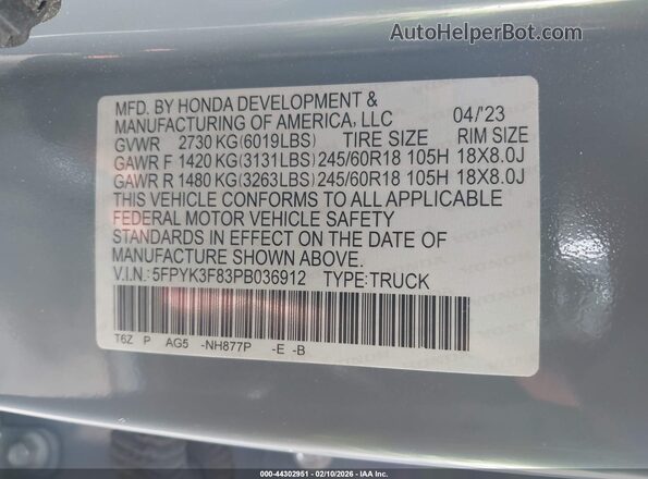 5FPYK3F83PB036912 2023 HONDA RIDGELINE Blue Widok komory silnika