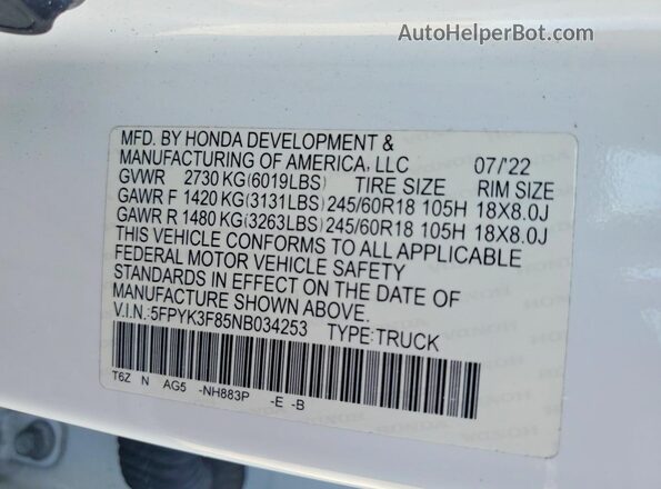 5FPYK3F85NB034253 2022 HONDA RIDGELINE White VIN კოდის სტიკერის ხედი