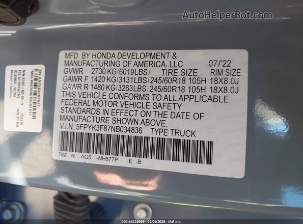 5FPYK3F87NB034836 2022 HONDA RIDGELINE Light Blue Engine compartment view