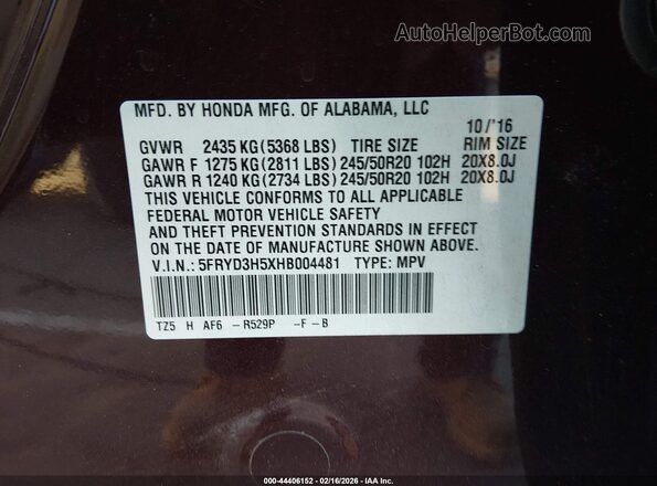 5FRYD3H5XHB004481 2017 ACURA MDX Maroon Engine compartment view