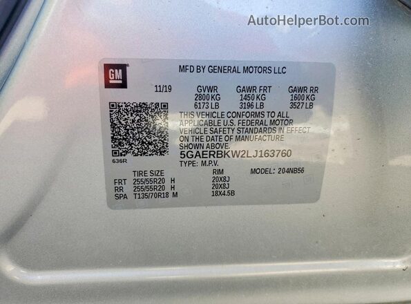 5GAERBKW2LJ163760 2020 BUICK ENCLAVE Silver Вид наклейки з VIN-кодом