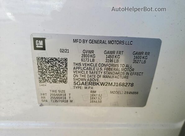 5GAERBKW2MJ168278 2021 BUICK ENCLAVE White VIN կոդի պիտակի տեսք