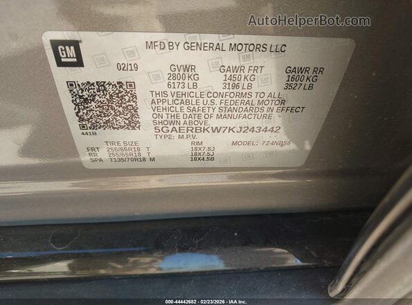 5GAERBKW7KJ243442 2019 BUICK ENCLAVE Gray 