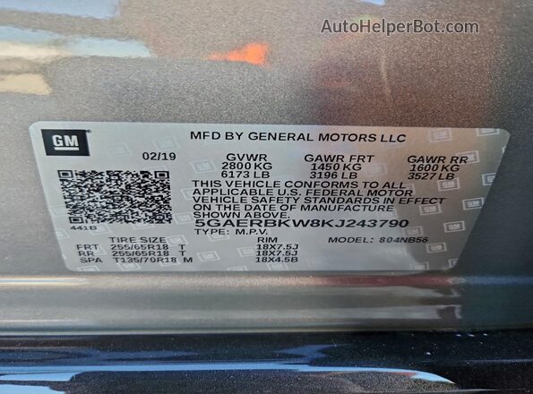 5GAERBKW8KJ243790 2019 BUICK ENCLAVE Gray 