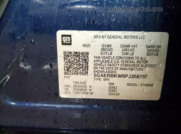 5GAERBKW9PJ258757 2023 BUICK ENCLAVE Blue VIN sticker view