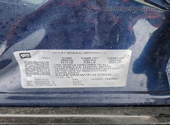 5GAEVAKW7PJ137618 2023 BUICK ENCLAVE Blue VIN sticker view