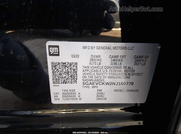 5GAEVCKW2NJ160779 2022 BUICK ENCLAVE  Вид підкапотного простору