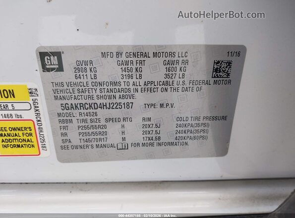 5GAKRCKD4HJ225187 2017 BUICK ENCLAVE White Widok komory silnika