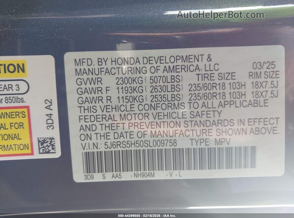5J6RS5H50SL009758 2025 HONDA CR-V HYBRID Gray 