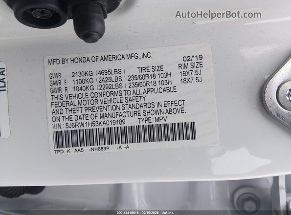 5J6RW1H53KA019189 2019 HONDA CR-V White Вид підкапотного простору
