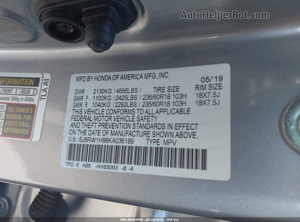 5J6RW1H88KA036189 2019 HONDA CR-V Silver 