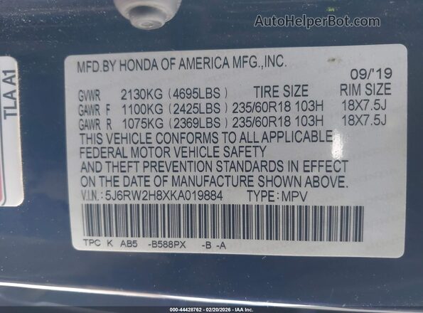 5J6RW2H8XKA019884 2019 HONDA CR-V Blue 