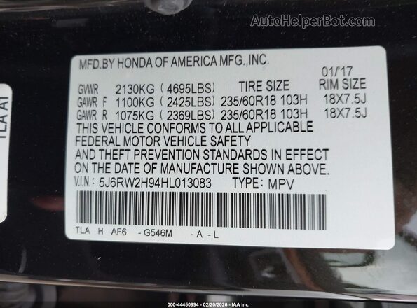 5J6RW2H94HL013083 2017 HONDA CR-V Black 