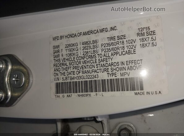 5J8TB4H33GL022243 2016 ACURA RDX  Engine compartment view