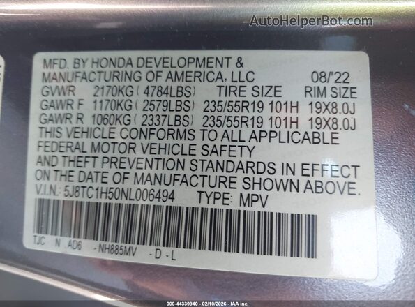 5J8TC1H50NL006494 2022 ACURA RDX Gray Вид підкапотного простору