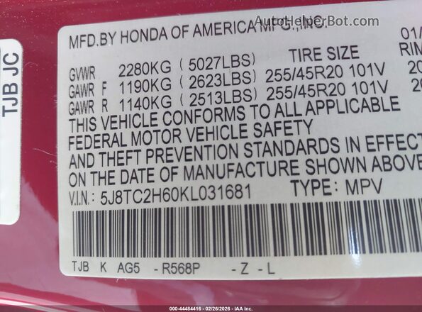 5J8TC2H60KL031681 2019 ACURA RDX Red 