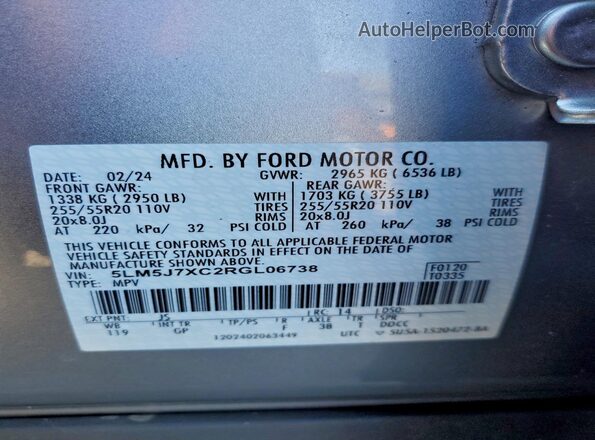 5LM5J7XC2RGL06738 2024 LINCOLN AVIATOR Silver VIN კოდის სტიკერის ხედი