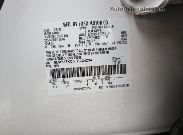 5LM5J7XC5LGL34234 2020 LINCOLN AVIATOR White Widok naklejki z numerem VIN