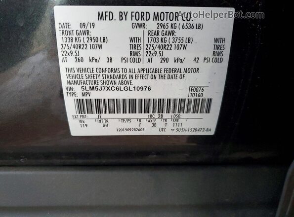 5LM5J7XC6LGL10976 2020 LINCOLN AVIATOR Charcoal VIN sticker view