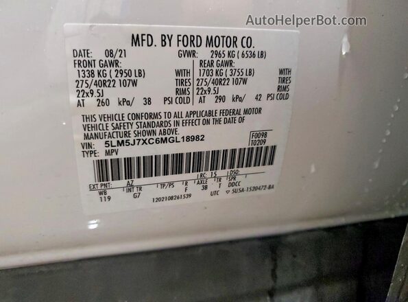 5LM5J7XC6MGL18982 2021 LINCOLN AVIATOR White Vista de la etiqueta del VIN