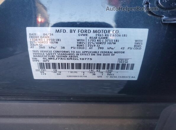 5LM5J7XC6RGL10775 2024 LINCOLN AVIATOR Black Vista de la etiqueta del VIN