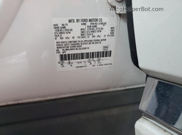 5LM5J9XC0LGL02013 2020 LINCOLN AVIATOR White VIN sticker view