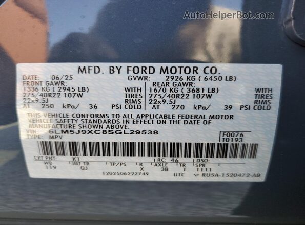 5LM5J9XC8SGL29538 2025 LINCOLN AVIATOR Blue Vista de la etiqueta del VIN