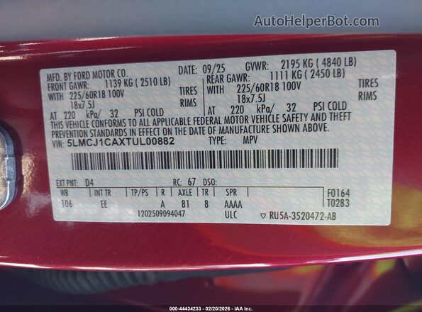 5LMCJ1CAXTUL00882 2026 LINCOLN CORSAIR Red Շարժիչի բաժամունքի տեսք
