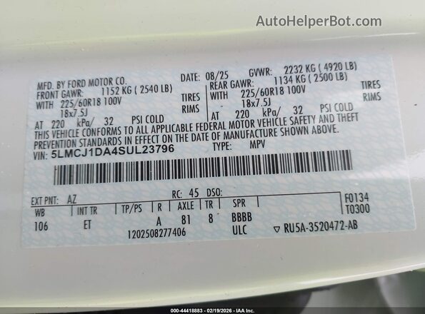 5LMCJ1DA4SUL23796 2025 LINCOLN CORSAIR White Widok komory silnika