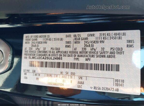 5LMCJ2CA2SUL24985 2025 LINCOLN CORSAIR Black Widok komory silnika