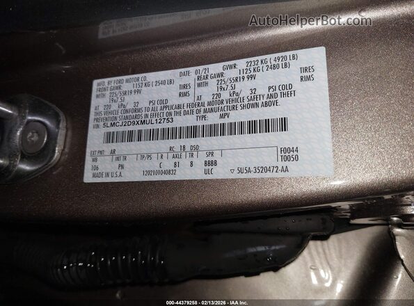 5LMCJ2D9XMUL12753 2021 LINCOLN CORSAIR Gold Вид підкапотного простору