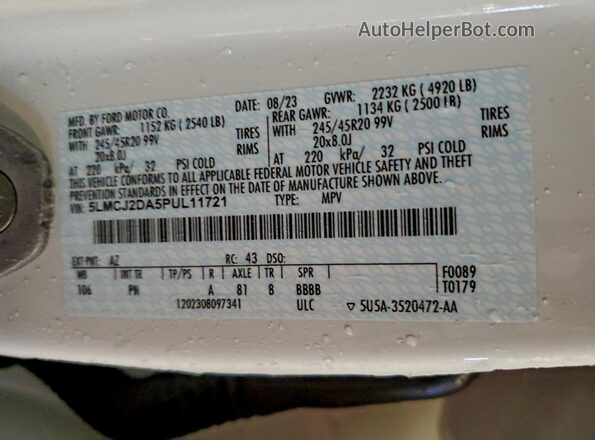 5LMCJ2DA5PUL11721 2023 LINCOLN CORSAIR White VIN sticker view