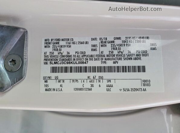 5LMCJ3C98KUL00847 2019 LINCOLN MKC White Vista interior de 360 grados