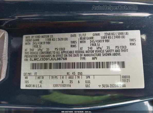 5LMCJ3D91JUL08768 2018 LINCOLN MKC Blue Widok komory silnika