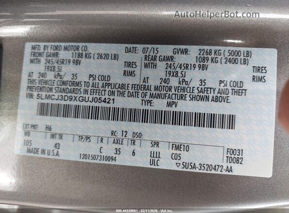 5LMCJ3D9XGUJ05421 2016 LINCOLN MKC Коричневый Вид подкапотного пространства