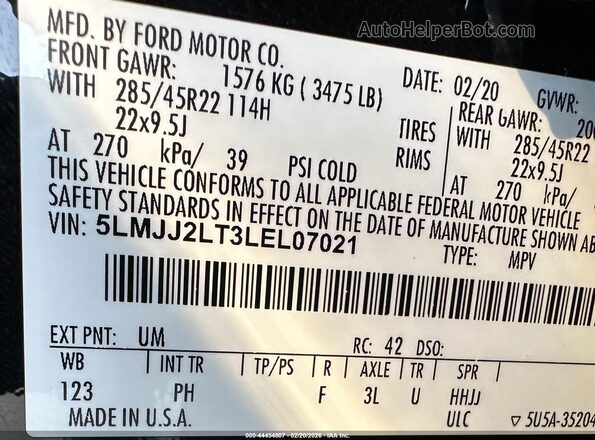 5LMJJ2LT3LEL07021 2020 LINCOLN NAVIGATOR Black Vista del compartimento del motor