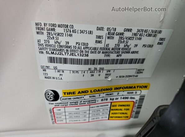 5LMJJ2LT7JEL13238 2018 LINCOLN NAVIGATOR White Vista de la etiqueta del VIN