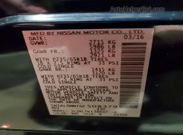 5N1AL0MM7GC508379 2016 INFINITI QX60 Blue VIN կոդի պիտակի տեսք
