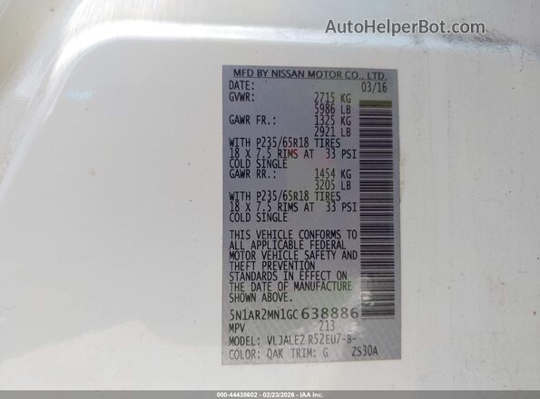 5N1AR2MN1GC638886 2016 NISSAN PATHFINDER Белый Вид подкапотного пространства