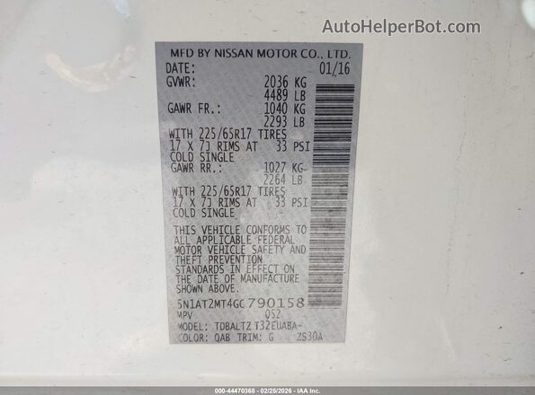 5N1AT2MT4GC790158 2016 NISSAN ROGUE White Widok komory silnika