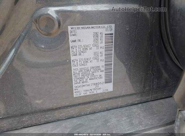 5N1AT2MT5KC798052 2019 NISSAN ROGUE Gray 