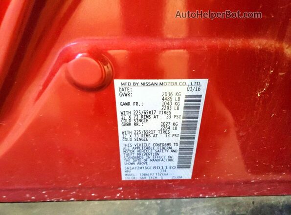 5N1AT2MT6GC801130 2016 NISSAN ROGUE Red 